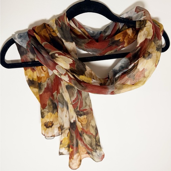 Floral Burgundy, Cream, Powder Blue Scarf with Many Different Flower Types - Picture 1 of 7